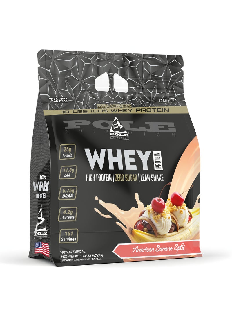 POLE NUTRITION بروتين مصل اللبن 100% 10 أرطال (4.53 كجم) - مشروب بروتين عالي مع صفر سكر (موز أمريكي مقسم) - Image 1